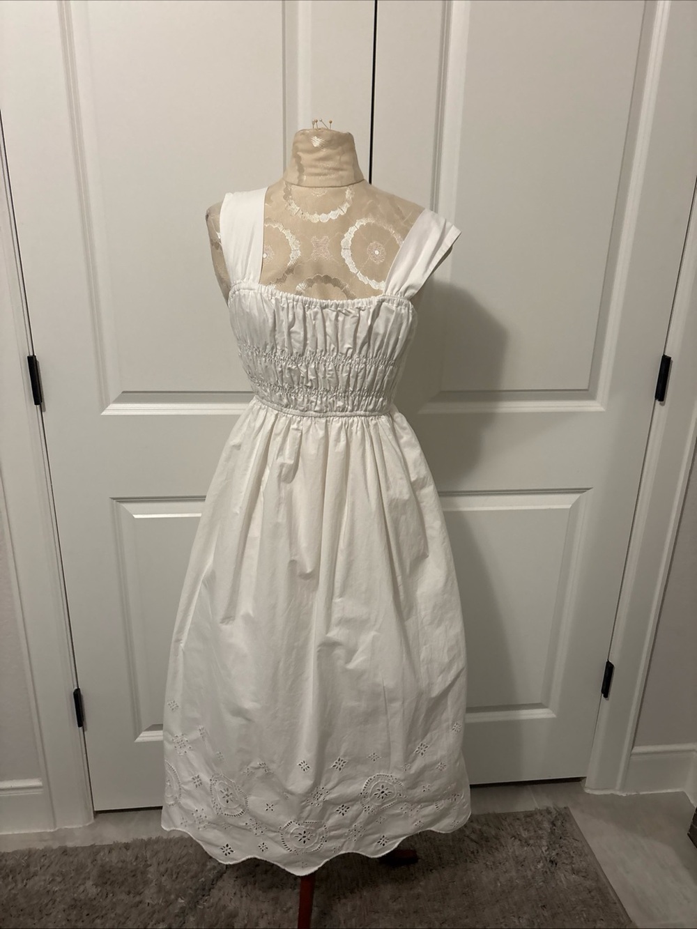 White Cotton Smocked Maxi Dress with Eyelet Hem